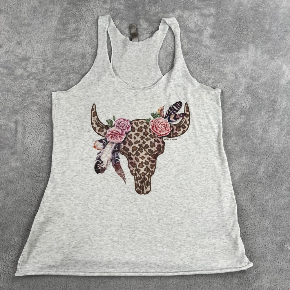 Next Level Bull Skull Floral Racerback Tank Top L Grey Western Boho Graphic